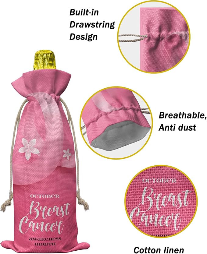 10 Pack Wine Bottle Bags, Breast Cancer Wine Bottle Cover with Drawstring, Gift Bag for Champagne, Wedding, Birthday, Christmas, Thanksgiving, Party Pink Ties Blooming Spring Floral