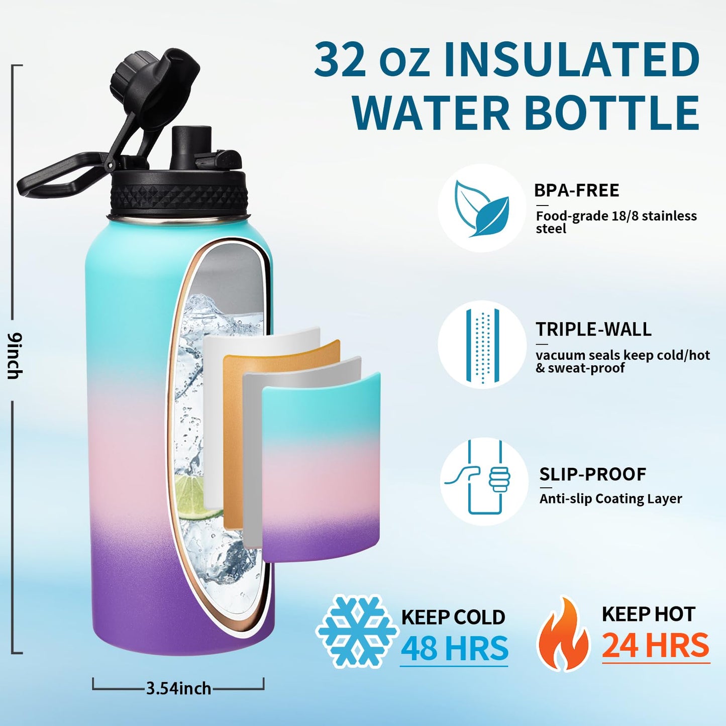 32 40/64/128 oz Flask Water Bottles Insulated - with Straw Auto Spout Lid, Water Bottle Stainless Steel Keep Cold 48H Hot 24H, Metal Water Bottle with Strap, Paracord Handle, Protective Boot