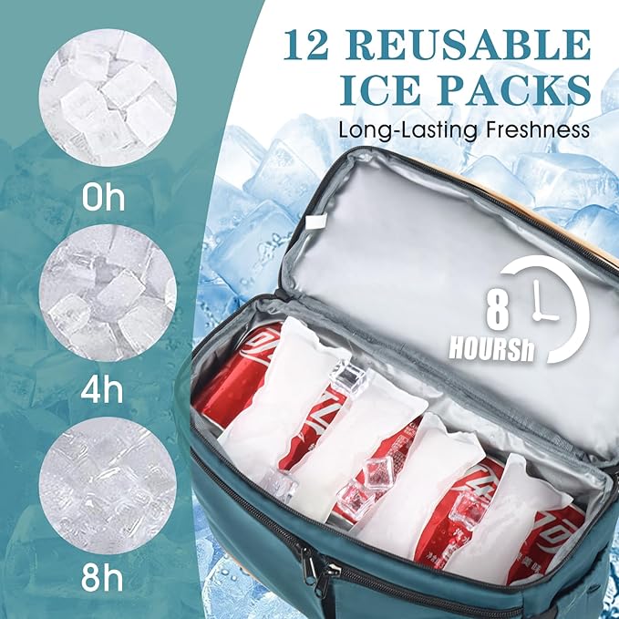 Backpack Cooler with Double Decker & 12 Ice Packs- Keeps 36 Cans Cold for Up to 24 Hours- Waterproof & Leak Proof Insulated Cooler Backpack- Stylish Cooler Bookbag for Women Travel Work Beach