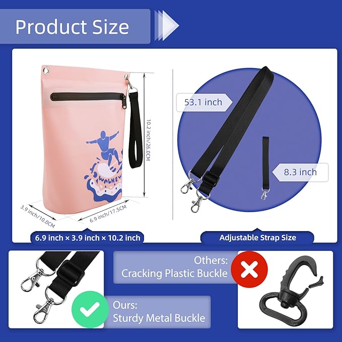 WALNEW Waterproof Dry Bag with Watertight Zipper, Lightweight Waterproof Pouch for Women Men, IPX5 Crossbody Dry Sack Keeps Gear Dry for Kayaking, Beach, Boating, Camping, Fishing, Hiking (PINK)