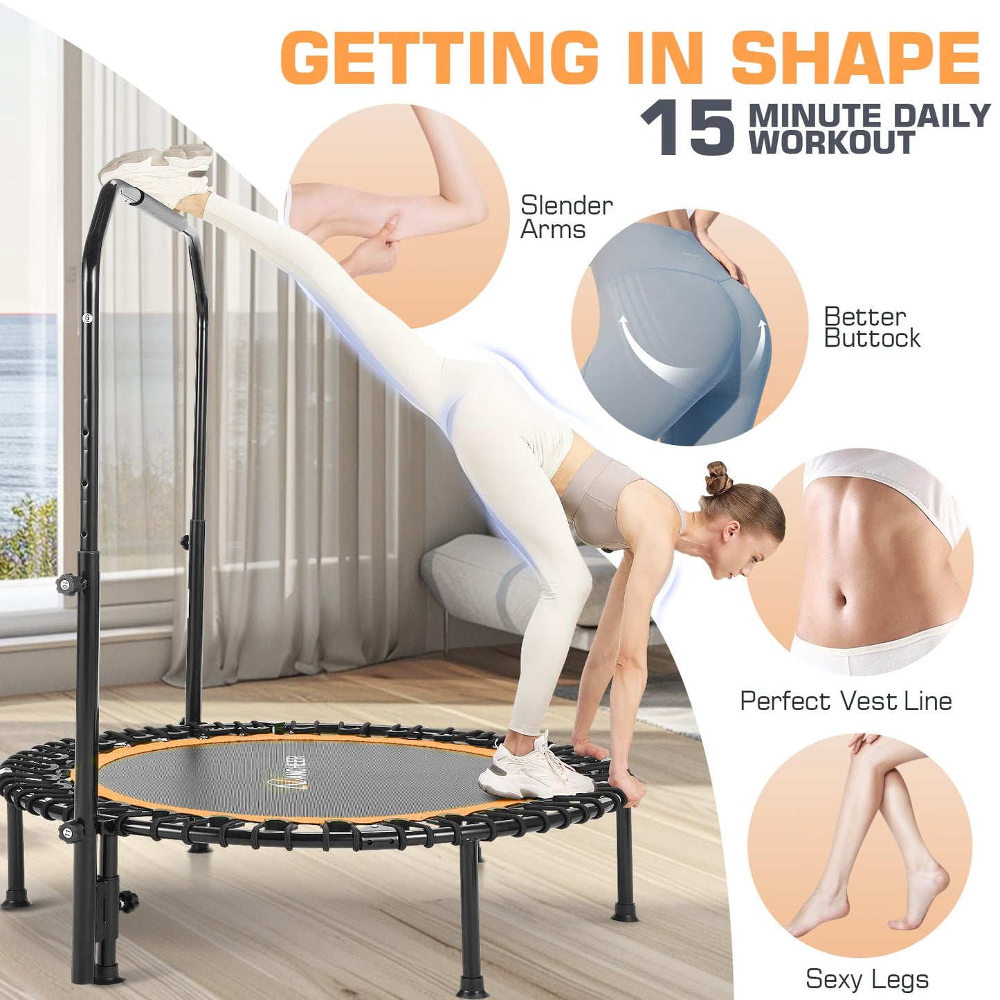 ANCHEER 40" Foldable Mini Trampoline - Max Load 350lbs - 450lbs Indoor Trampoline - with 4 Level Adjustable Foam Handle and Resistance Bands - Adult Exercise Trampoline for Home,Gym and Garden(O)