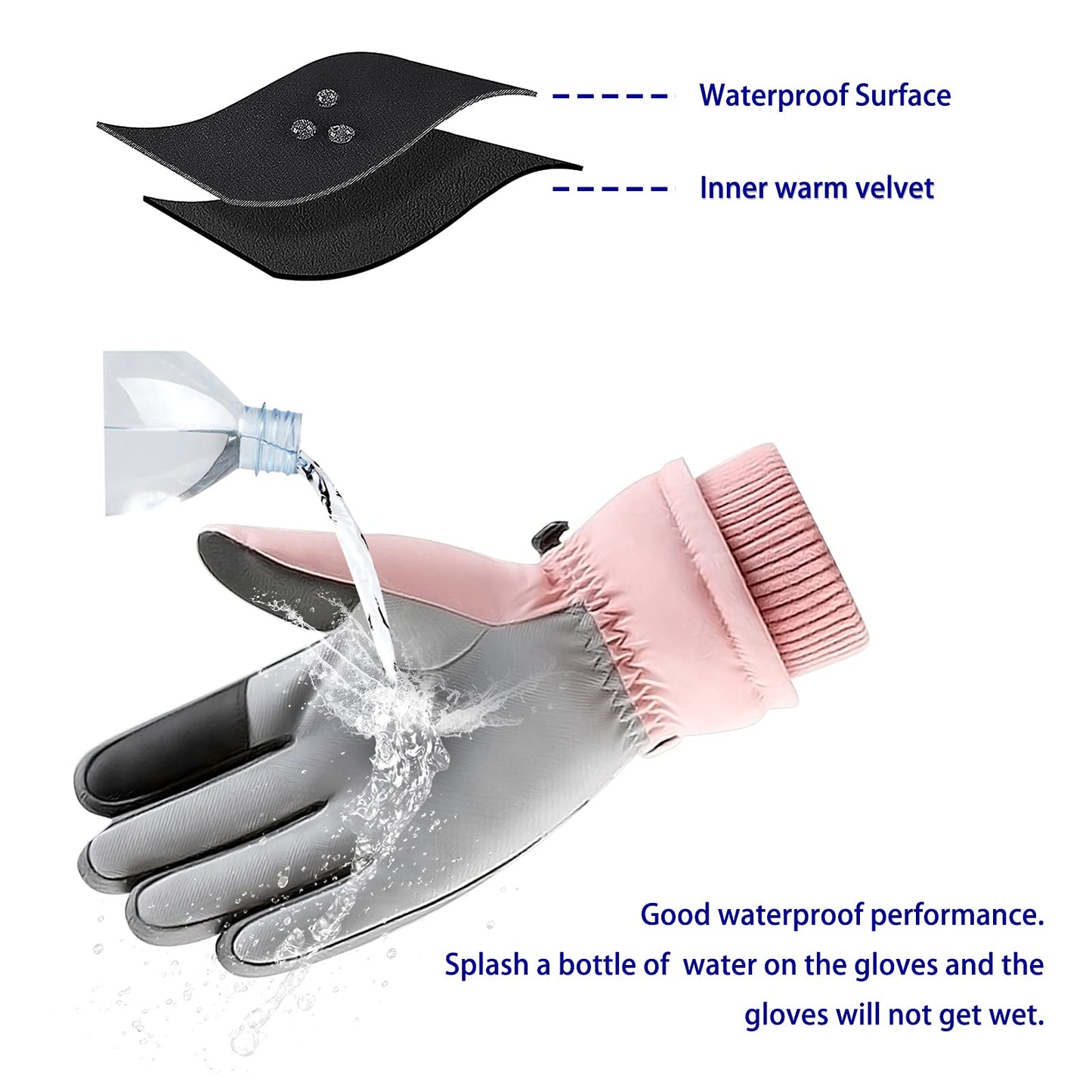 Andiker Women Winter Ski Gloves, Waterproof Touchscreen Snowboard Gloves, Windproof Warm Snow Gloves for Skiing Running and Cycling (Pink)