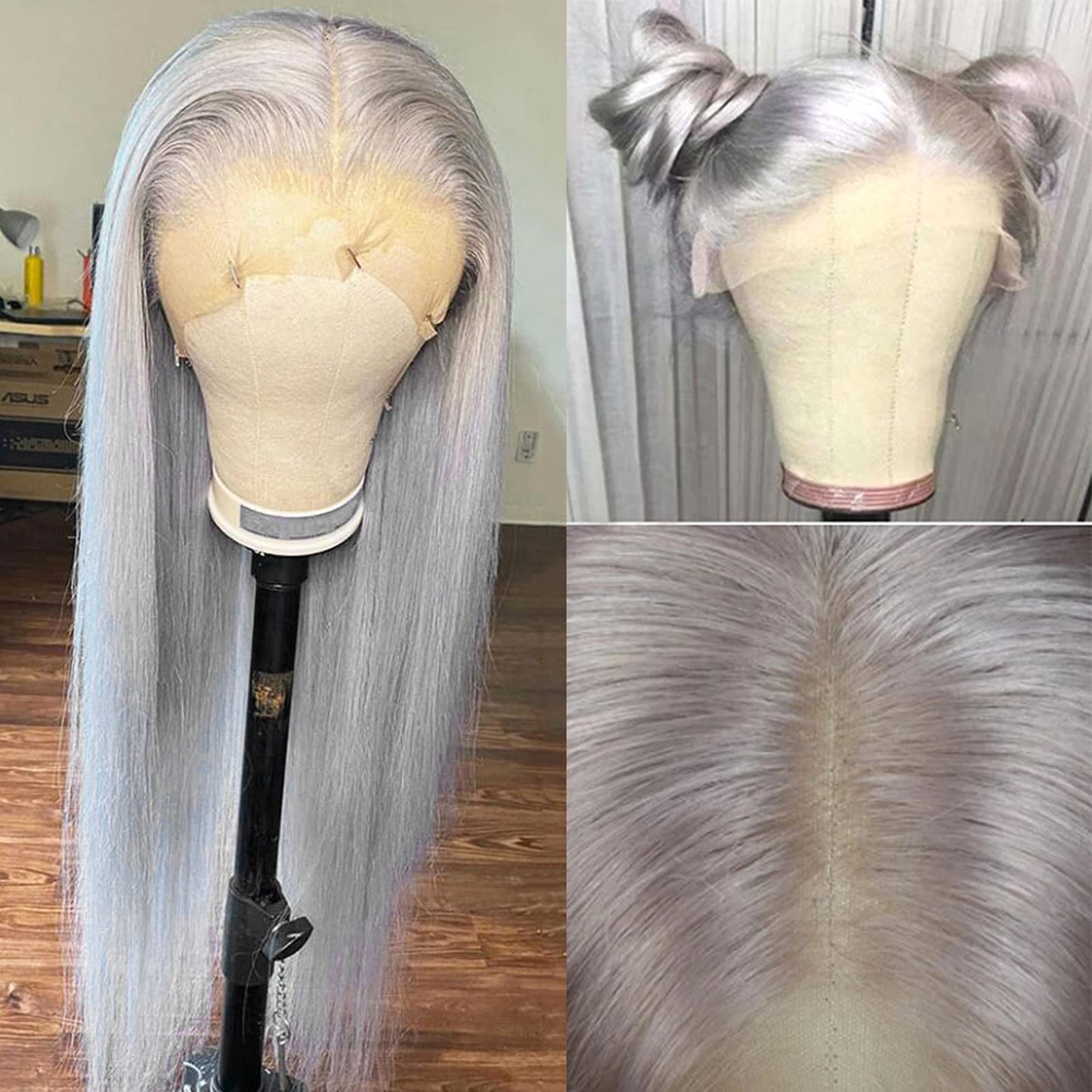ANDRIA 13X4 HD Lace Front Wigs Straight Hair Glueless Lace Wigs Synthetic Long Silk Straight Natural Wig 200% Density Grey Wig Pre Plucked Lace Frontal Wigs With Baby Hair For Black Women 26 Inches