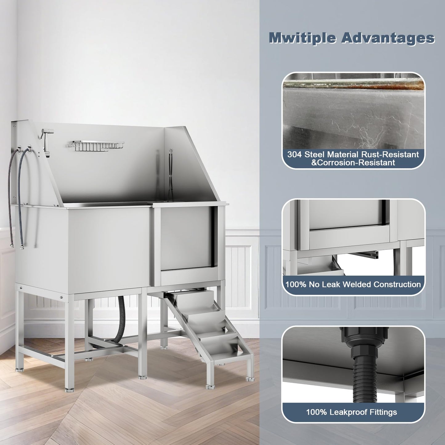 COOLYI 50'' Stainless Steel Dog Washing Station for Large Dogs, Heavy Duty Dog Grooming Bathtub with Bath Brush & Washing Gloves, Pet Bathtub for Dogs with Retractable Ramp (50'' x 27.5'' x 61.6'')