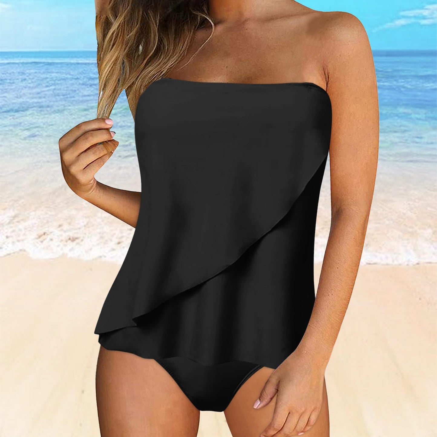 JEUROT 2 Piece Bandeau Swimsuits for Women Strapless Bathing Suits Tummy Control Flowy Swimwear with High Waisted Bottom Swim Suits 2024 Beach Vacation Outfits (Black, XXL)