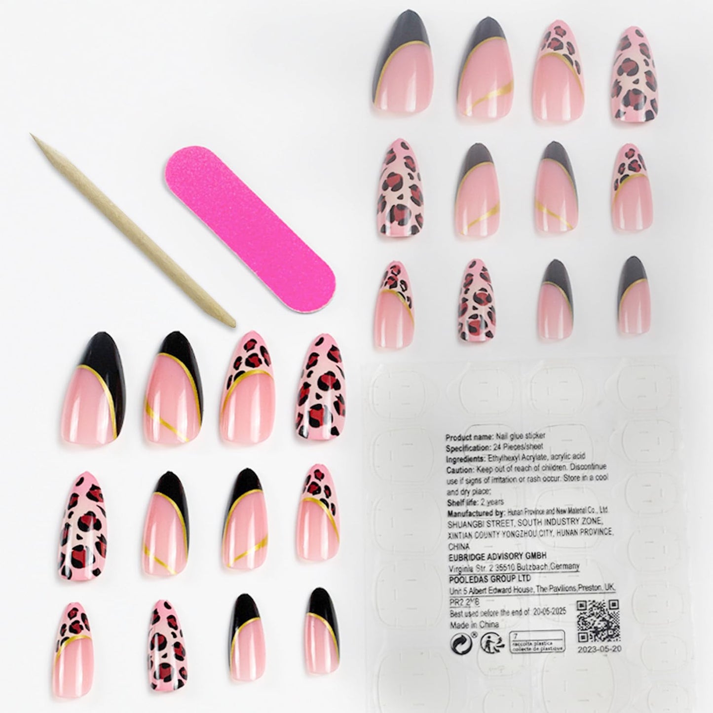 Alomnd Leopard Print False Nails - Press Ons with French Tip, Glossy Finish, 24pcs