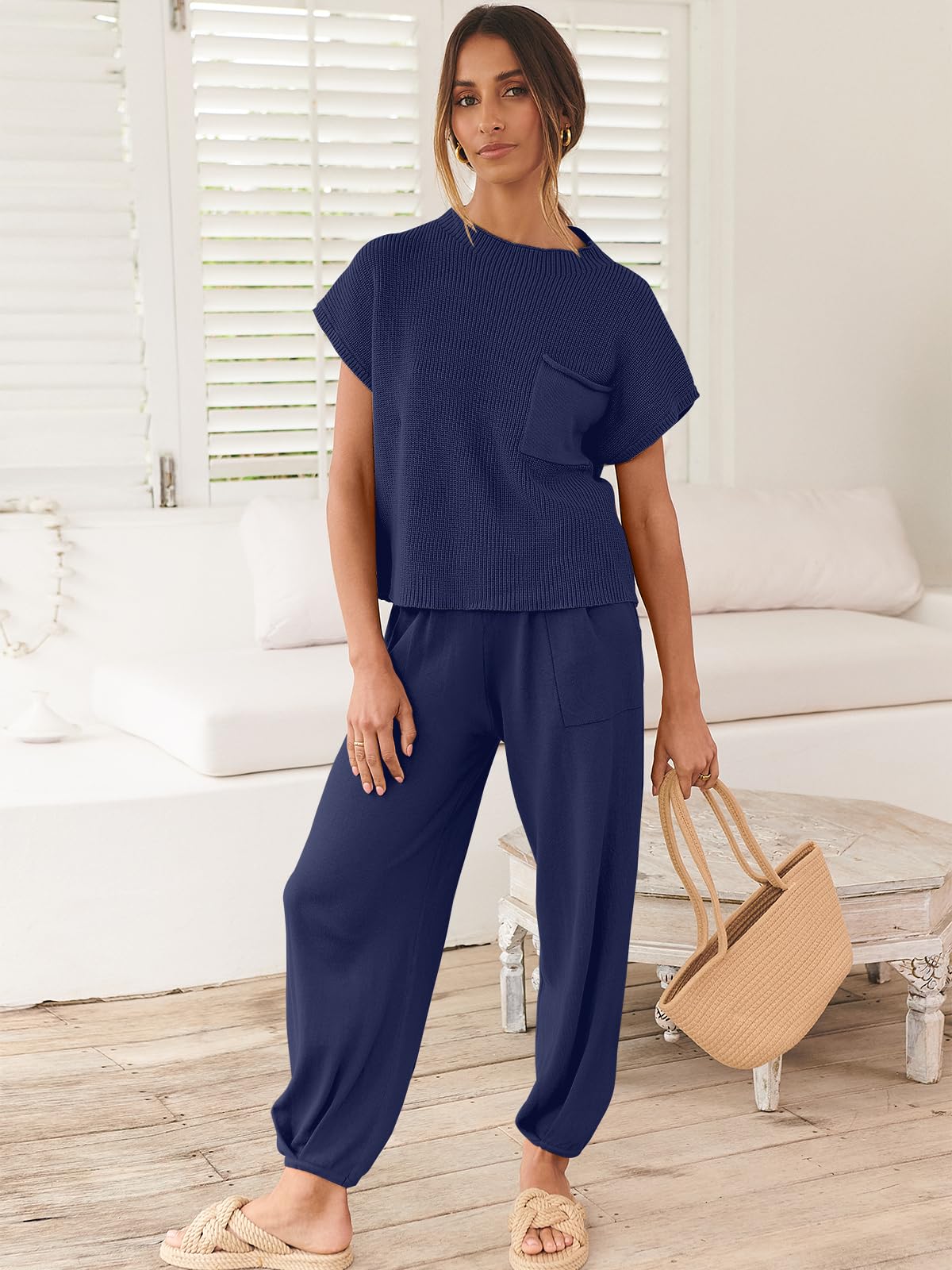 ANRABESS Women's Two Piece Outfits Knit Sweater Pullover Crop Top & Pants Lounge Matching Tracksuit Sweatsuit Sets 2024 Trendy Loungewear Clothes Navy Blue X-Small