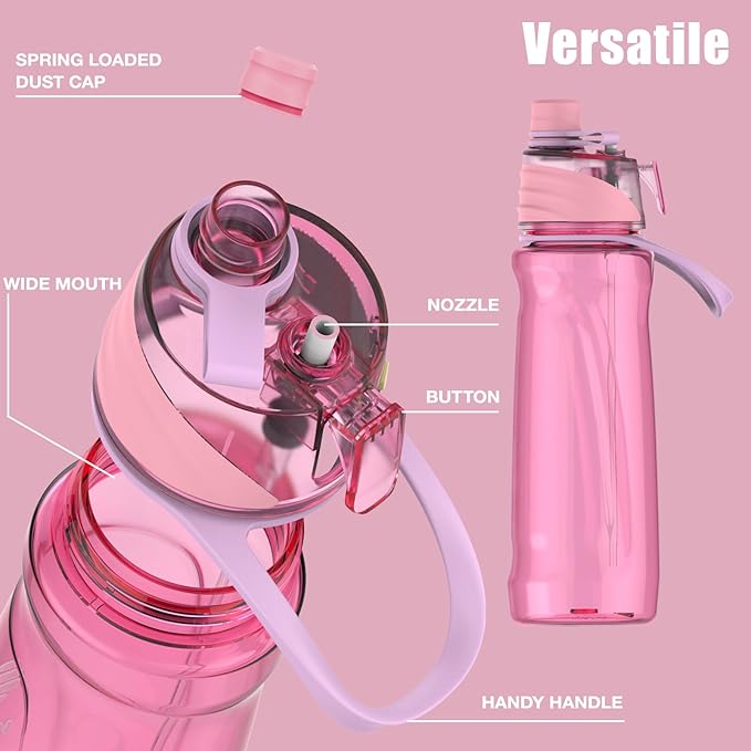 FEIJIAN Mist Water Bottle,32oz Sports Water Bottle with 2-IN-1 Mist & Sip Function, BPA-Free Plastic Water Bottles, Misting Water Bottle, Leakproof & Lightweight, Ideal for Fitness and Outdoor, Pink