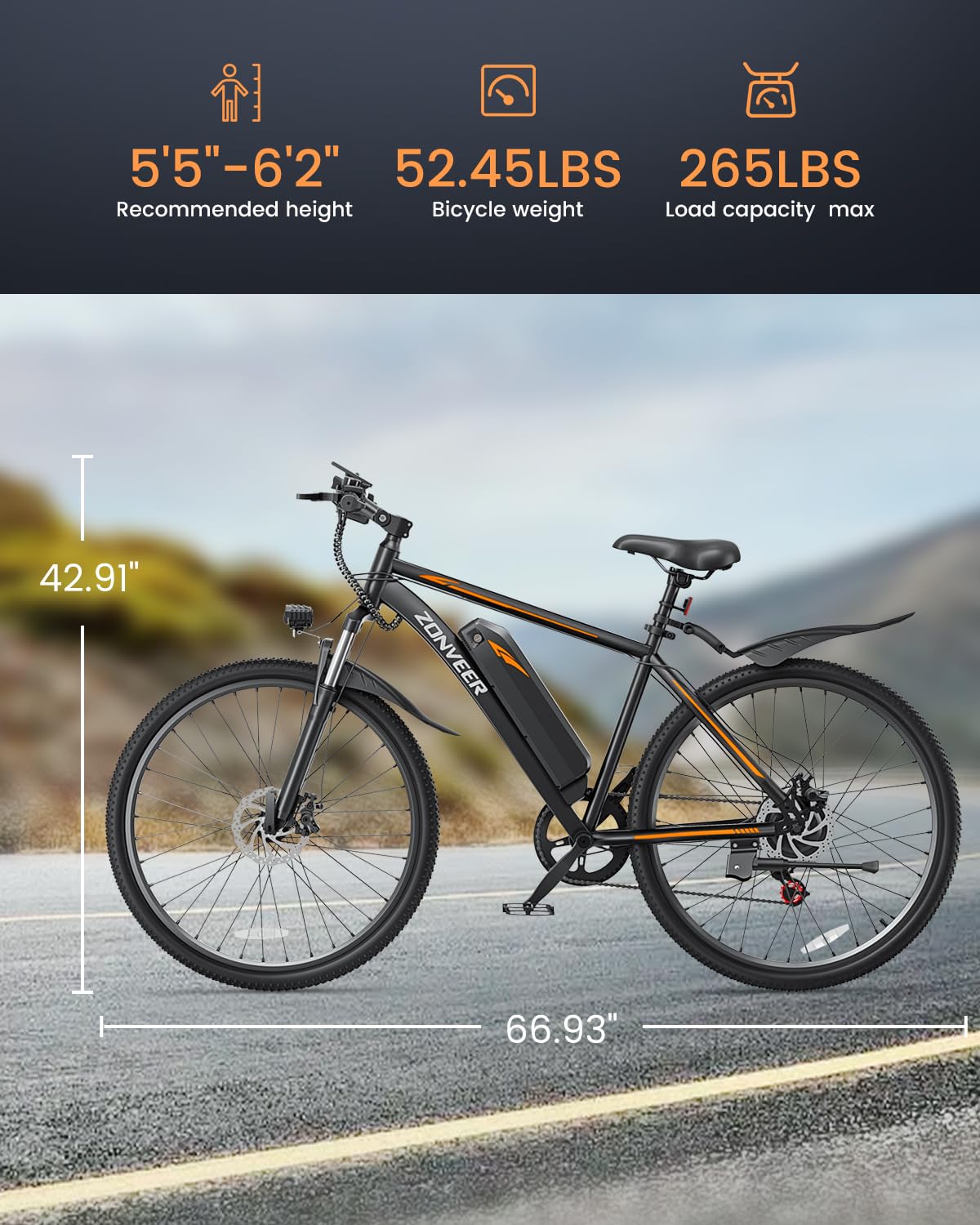 zonveer 26" Electric Bike for Adults, 36V/10AH Removable Battery, Peak 500W Brushless Motor, 20MPH 40 Miles Commuting Range, Front Fork Suspension, Shimano 7 Speed, UL2849