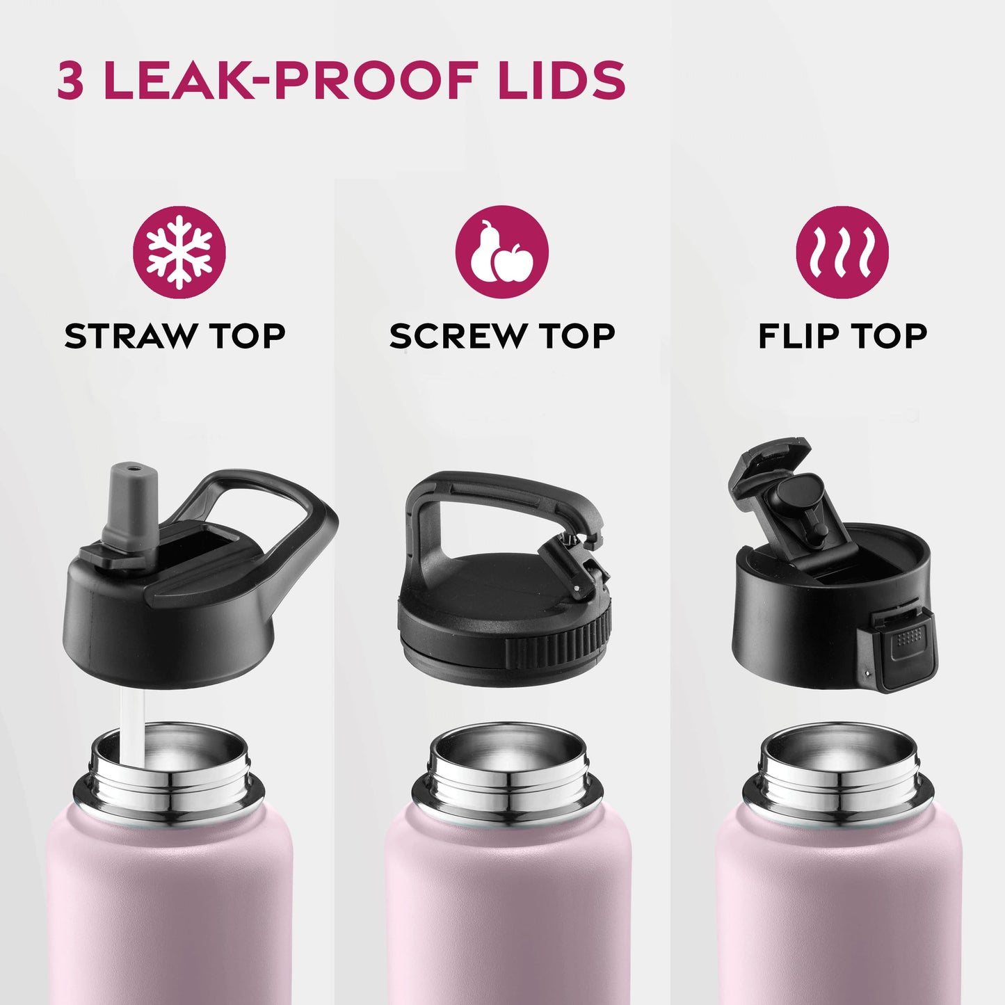 FineDine Triple Walled, Insulated Water Bottles with Straw - 40 Oz Stainless Steel Metal Bottle W/ 3 Leak Proof Lids - For Travel, School, Sports, Gym / Men, Women & Kids - Dreamy Pink-Green