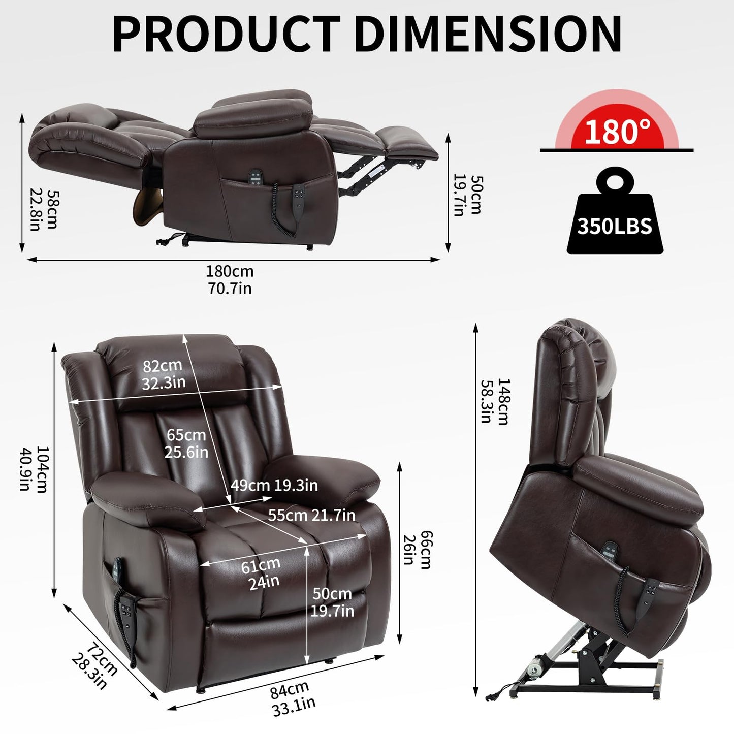 EZZUP Dual Motor Large Recliner with Massage and Heat, Power Lift Chairs for Elderly, Breathable Leather Recliner Chairs for Adults with 2 Remote Controls, Red Brown Big and Tall Recliner