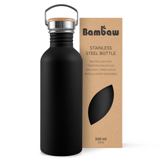 Bambaw 16 oz Water Bottle, Black Water Bottle with Handle, Non-insulated Metal Water Bottle Dishwasher Safe, Stainless Steel Water Bottle no Straw, Small Water Bottle – Jet Black