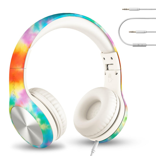LilGadgets Connect+ Pro Kids Headphones with Mic and Cord, SharePort Technology, Over-Ear Foldable Headset, Volume Limit 93db, Wired Inline 3.5mm Jack for School - Tie Dye Rainbow Headphones for Kids