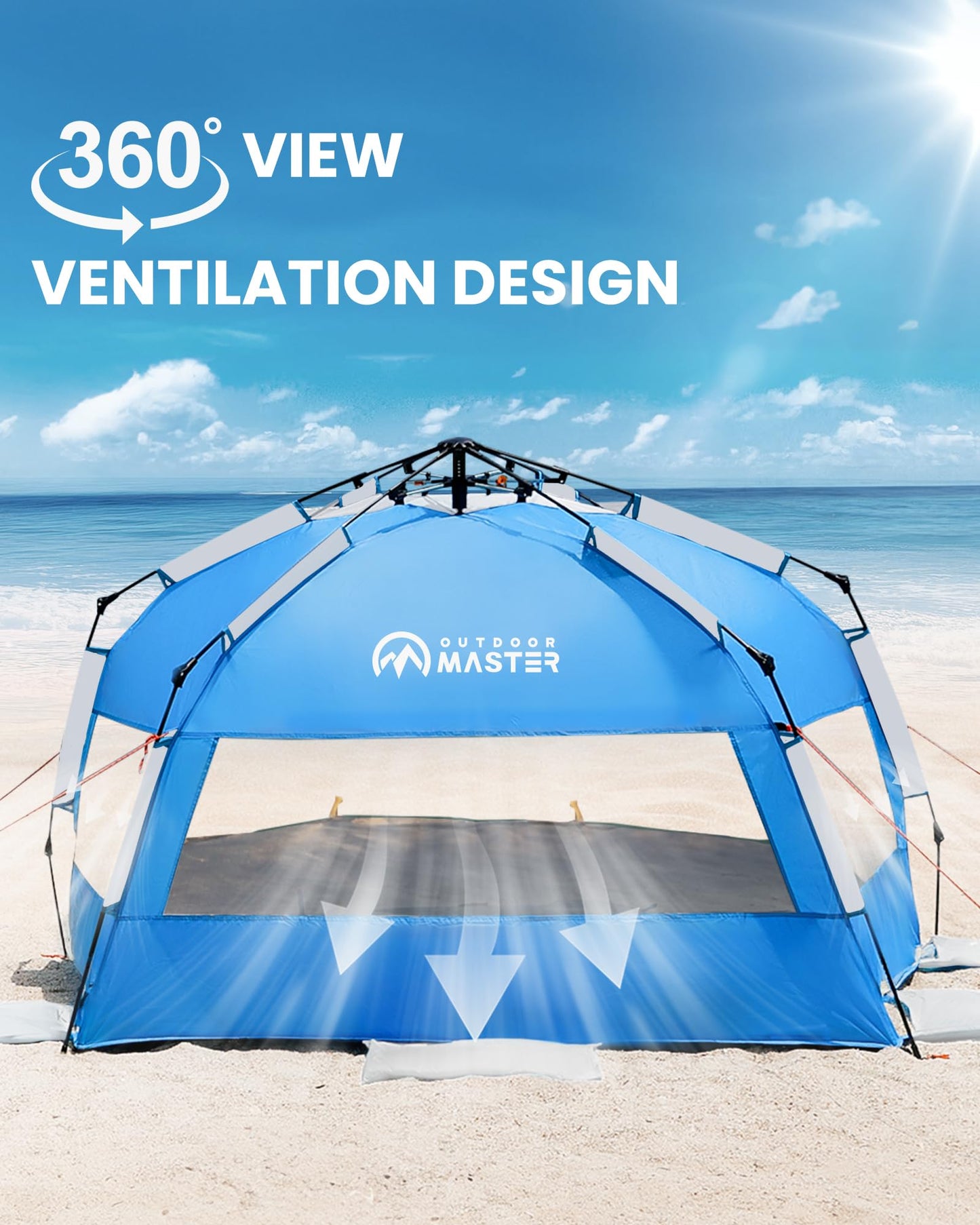 OutdoorMaster Beach Tent with Blackout Shelter Technology, Portable Sun Shade Shelter 4 Person, Pop Up Beach Tents with UPF 50+ UV Protection, 9.5mm Thick Pole, 3 Ventilating Mesh Windows