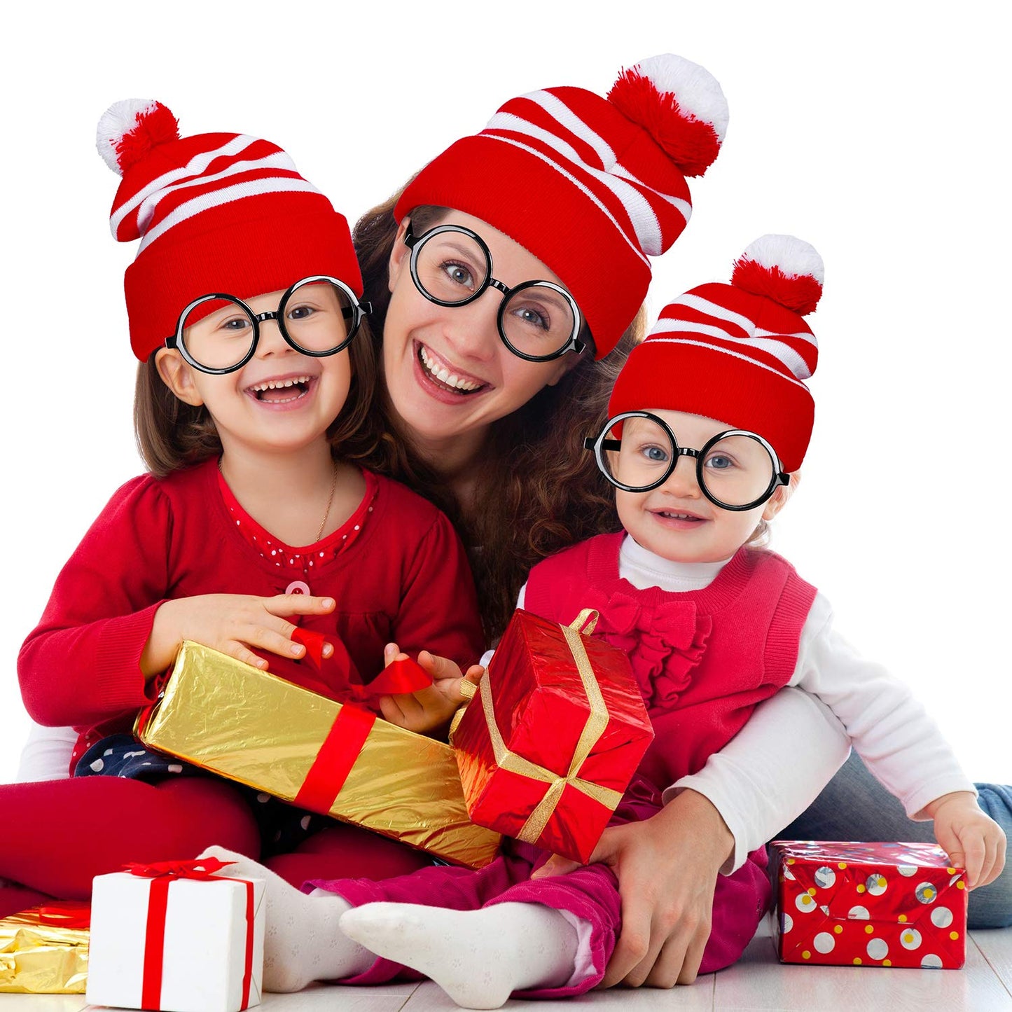 Aneco Halloween Red White Knit Beanie with Pompoms Nerd Costumes Glasses for Men and Women