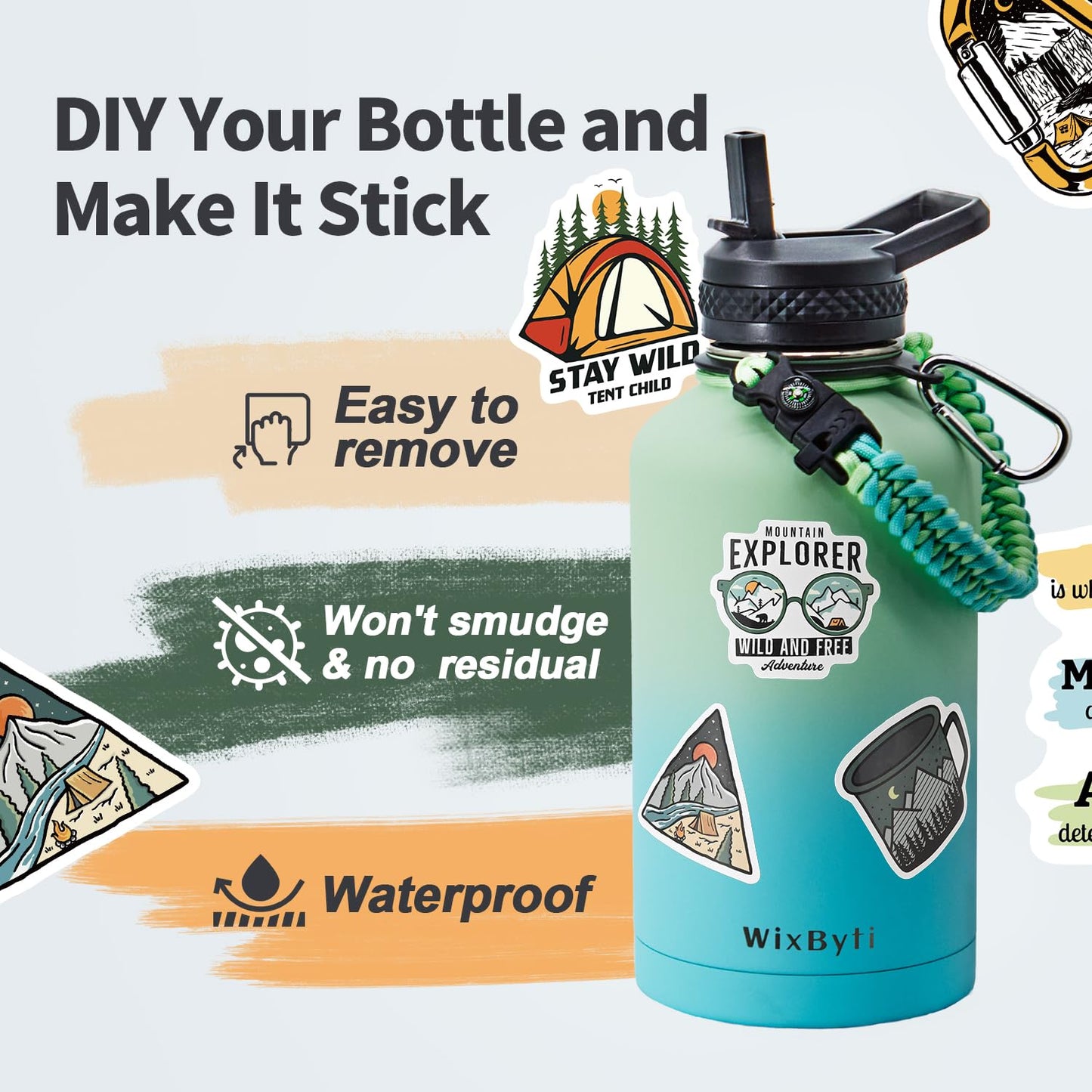 WixByti 64 oz Insulated Water Bottle with Straw (Cold for 48 Hrs), Half Gallon Stainless Steel Triple Wall Vacuum Sports Water Jug, Leakproof Hydro Cup Flask with Straw Spout Lids & DIY Stickers