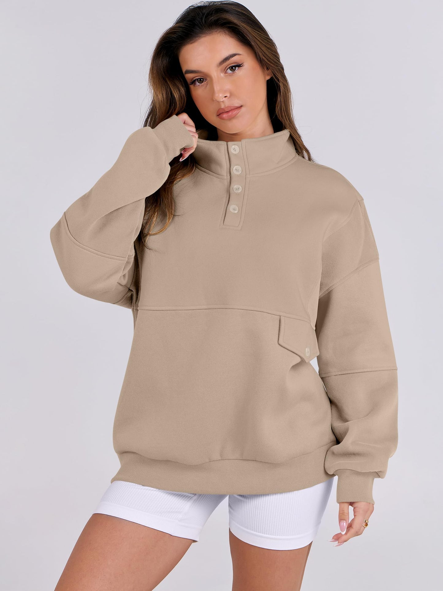 ANRABESS Women Oversized Sweatshirts Long Sleeve Color Block/Solid Button Fleece Pullover Hoodie 2024 Winter Cute 90s Outfit Khaki Medium