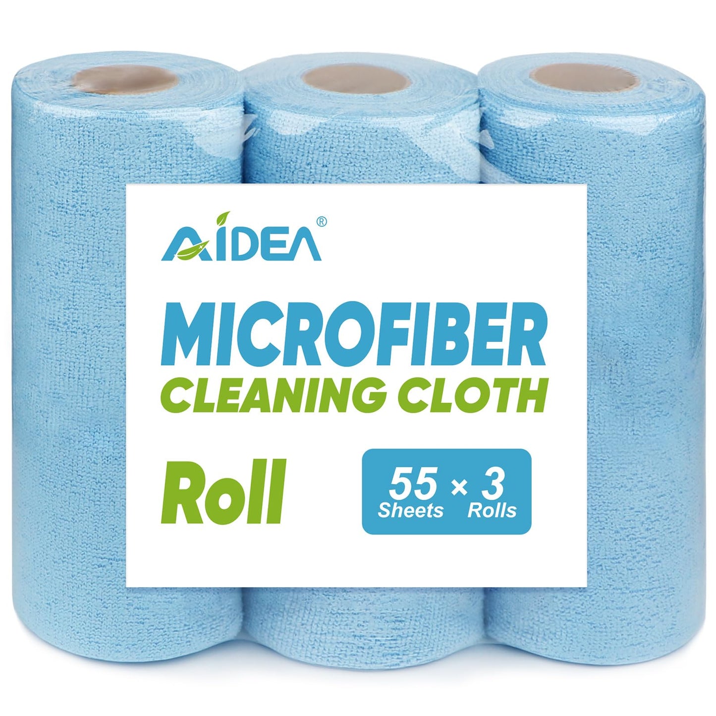AIDEA Microfiber Cleaning Cloth 55 Sheets 3 Roll, Microfiber Towels for Cars, Blue Shop Towels, Shop Rags Washable, Cleaning Rags Reusable Paper Towels for Automotive, Mechanic, Workshops, House,11×9"