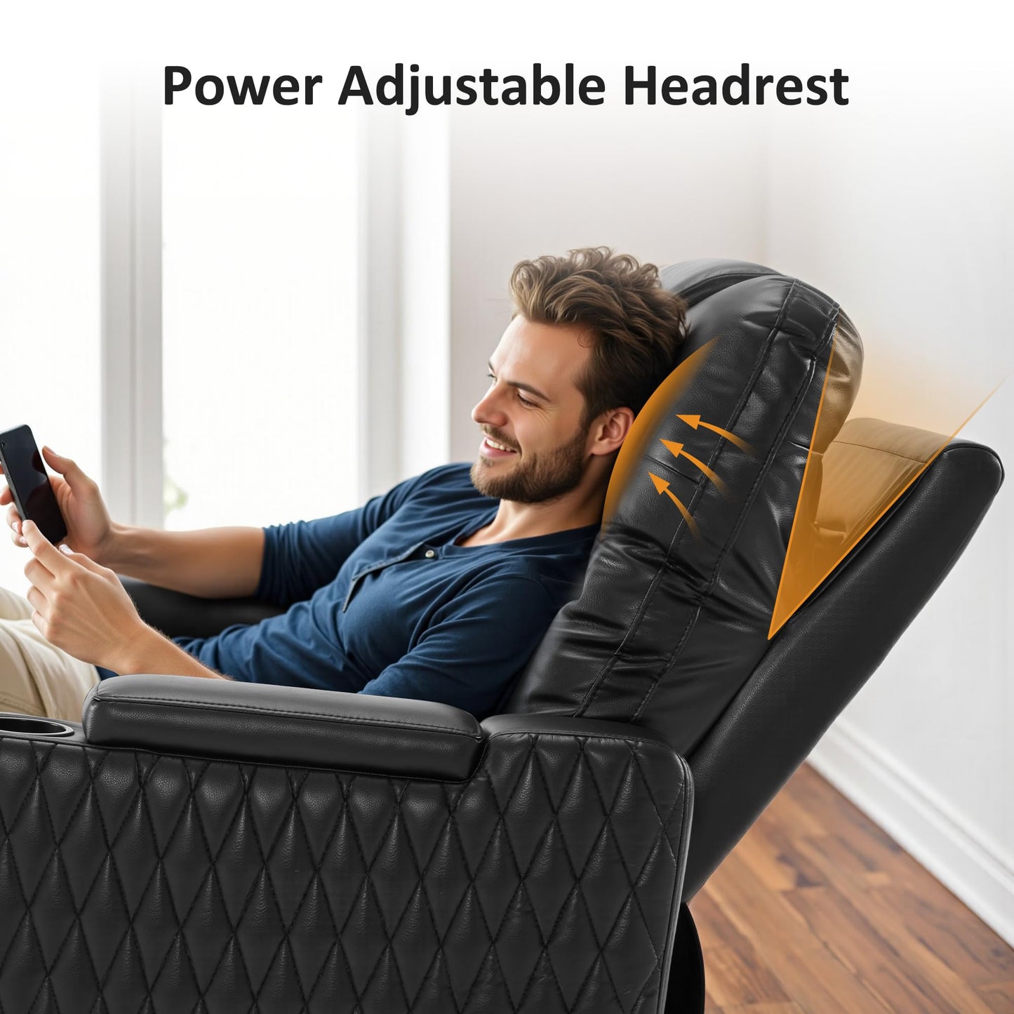 MCombo Oversized Power Recliner Chair for Adults with Power Headrest & LED Light, Faux Leather Recliner Chair for Living Room & Home Theater, USB Port, Armrest Storage HTS401 (Faux Leather, Black)