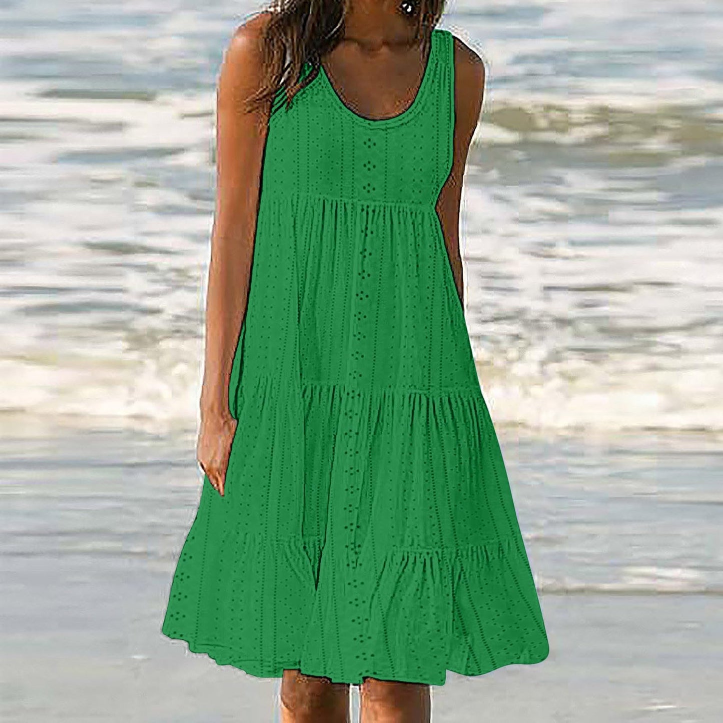 Anjikang Open Box Deals Clearance Summer Dresses for Women 𝟮𝟬𝟮𝟰 Sleeveless Beach Tank Dresses Tiered Ruffle Swing Dress Casual Solid Color Dresses, Large