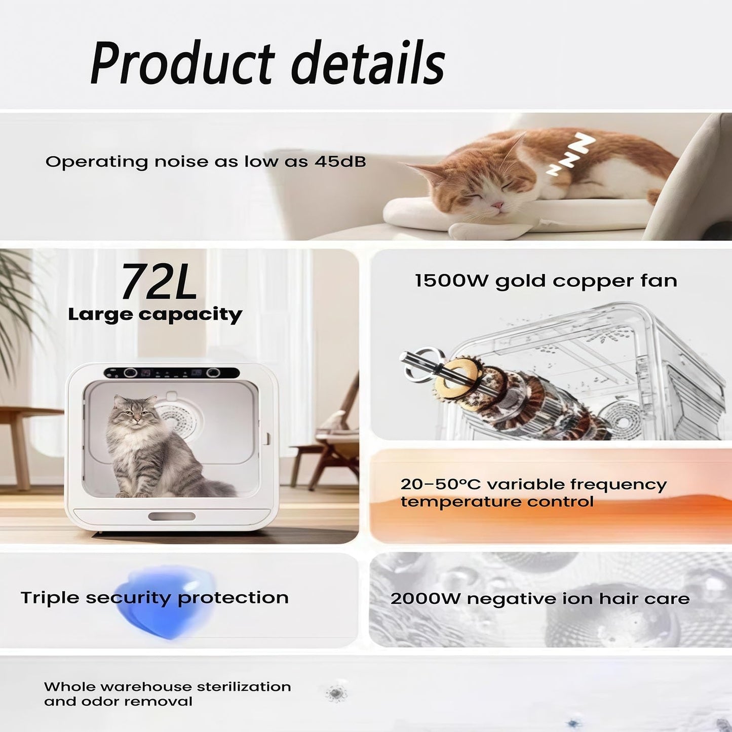 WENMEE Ultra-Quiet Pet Dryer Box for Cats & Small Dogs, Low-Noise Dog Hair Dryer with Mechanical Knob Temperature Control