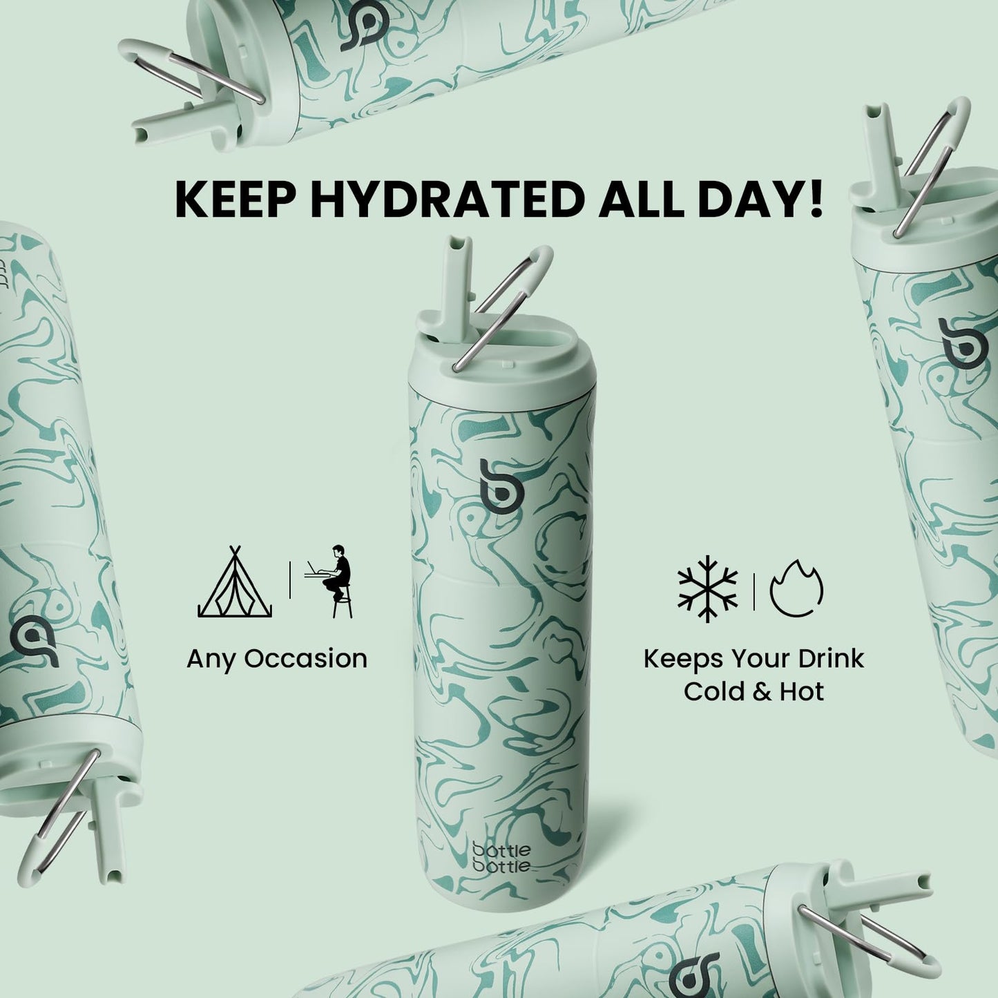 BOTTLE BOTTLE Insulated Water Bottle 24oz with Straw Lid and Handle for Sports Travel Gym Stainless Steel Water Bottles Double-Wall Vacuum Metal Thermos Bottles Leak Proof BPA-Free (Valley Green)