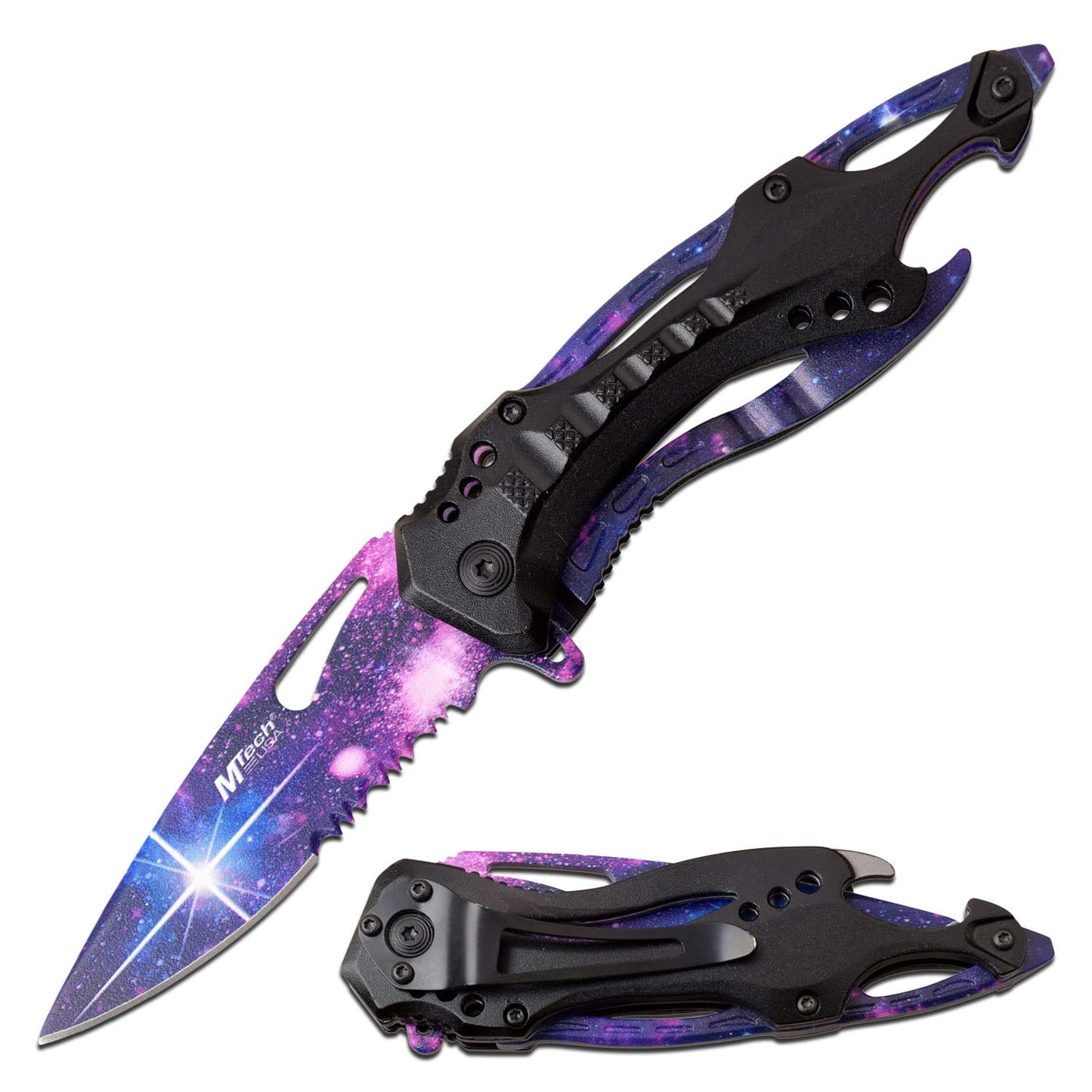 MTech USA – Folding Knife – Partially Serrated Stainless Steel Blade and Liner w/Printed Galaxy Design, Black Aluminum Handle, Screwdriver, Pocket Clip, EDC - MT-A705GLX