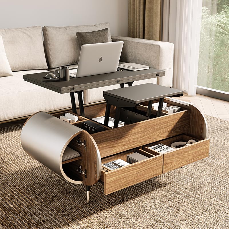 ALIVING Coffee Table, 47.2" Lift Top Coffee Table with 4 Storage Drawers and Rounded Edges, Farmhouse Center Table with Wooden Lift Tabletop, for Living Room,Walnut