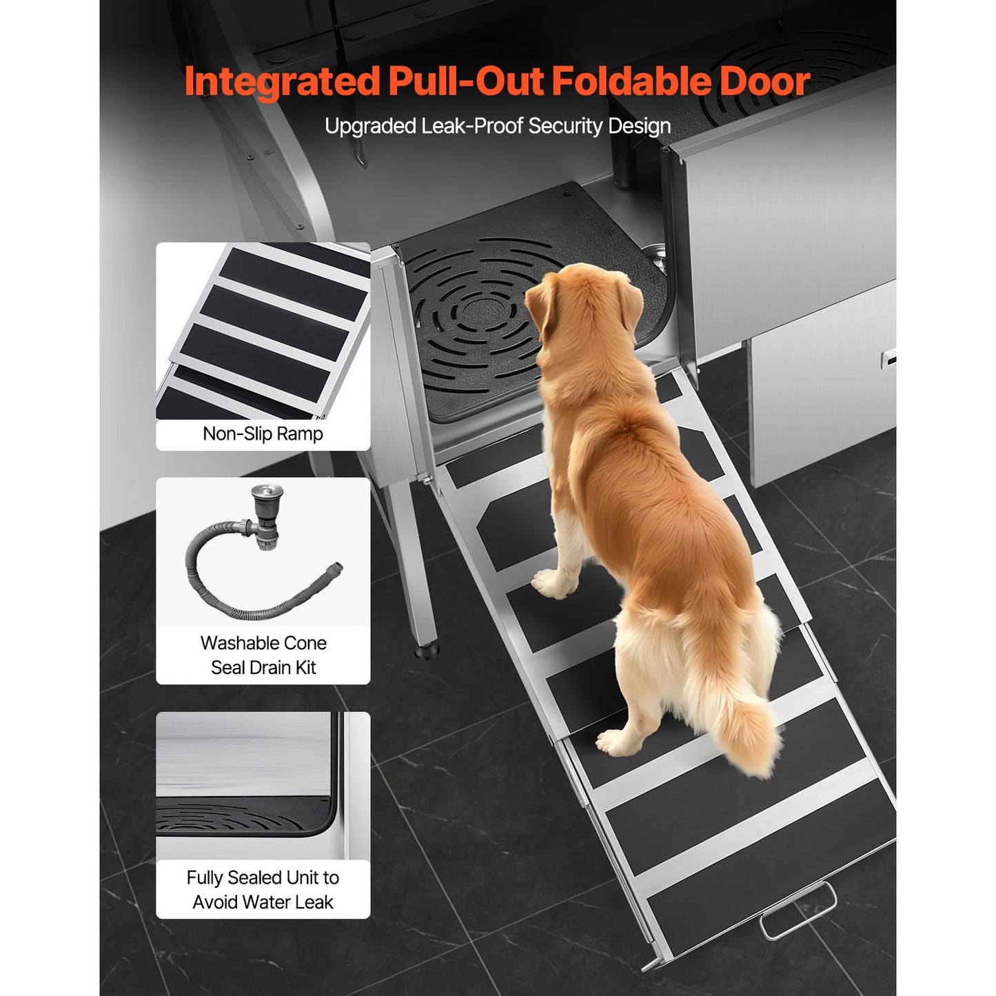 Happybuy Stainless Steel Dog Washing Station, 61 - inch Pet Grooming Tub with Ramp, Water Filter Board, Faucet, Showerhead & Leash, Suitable for Large, Medium and Small Pets (Left Door)