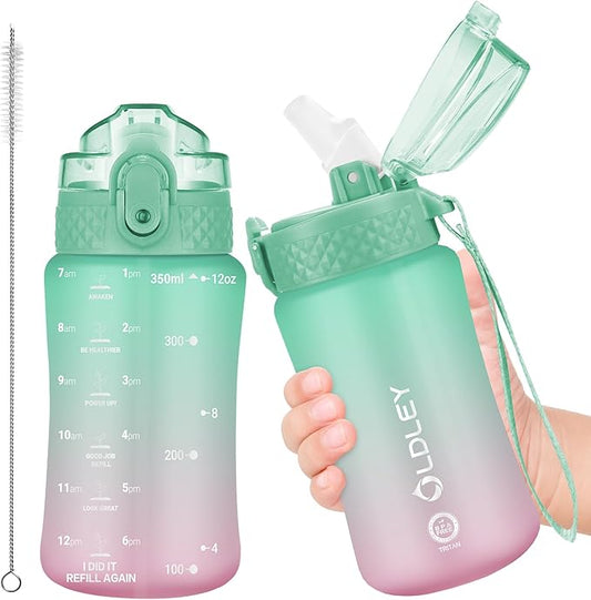 OLDLEY Kids Water Bottle for School, 12 oz (Straw Lid) BPA-Free Reusable Leak-proof Durable Tritan Plastic Water Bottles with One-handed Opening Straw Lids, Anti-dust Spout Cover (Mintpink)