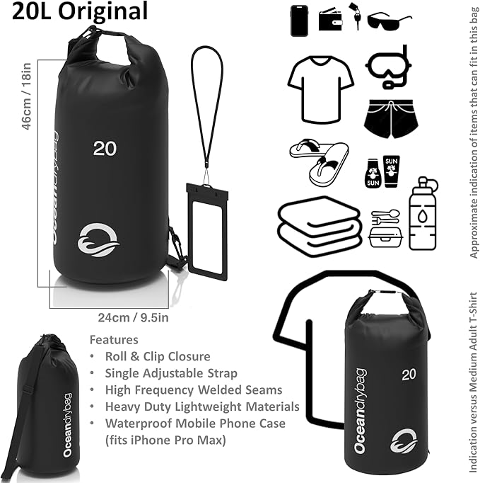 Oceandrybag - Waterproof Dry Bag Backpack - Floating Dry Sack Portable for Kayaking, Beach, Rafting, Boating, Hiking, Camping, Fishing with Waterproof Phone Case