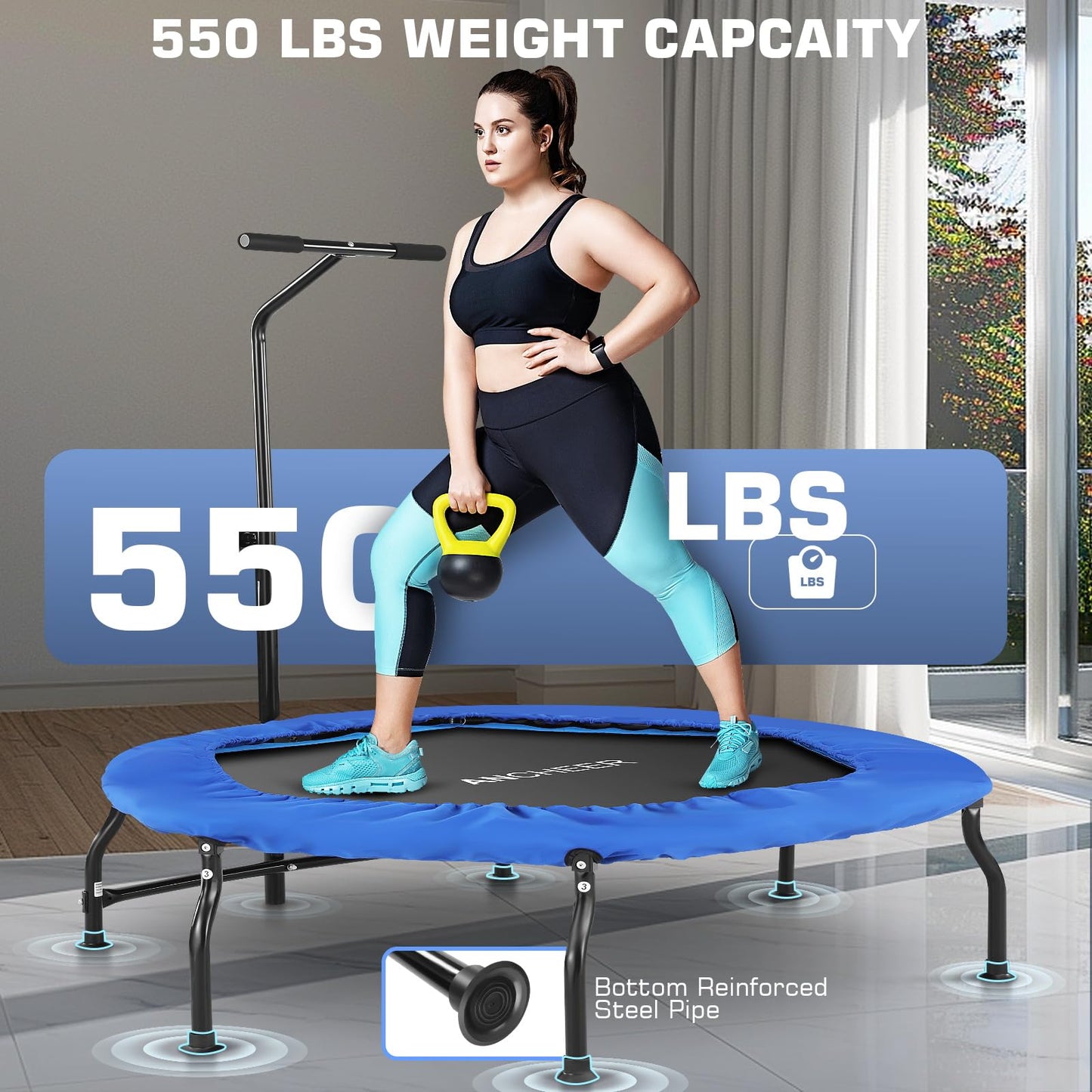 ANCHEER 40" Foldable Mini Trampoline Max Load 450lbs, Fitness Trampoline with Bungees, Adjustable Foam Handle, Indoor Exercise Trampoline for Adults Inoor/Garden Workout (Blue 50'')