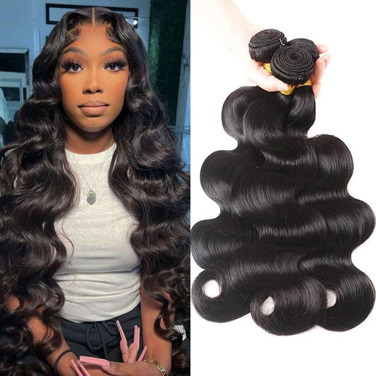 Amskdum Body Wave 3 Human Hair Bundles Extensions 12A Human Hair Weave 100% Unprocessed Brazilian Virgin Human Hair Extensions For Women Natural Black (22" 22" 22")