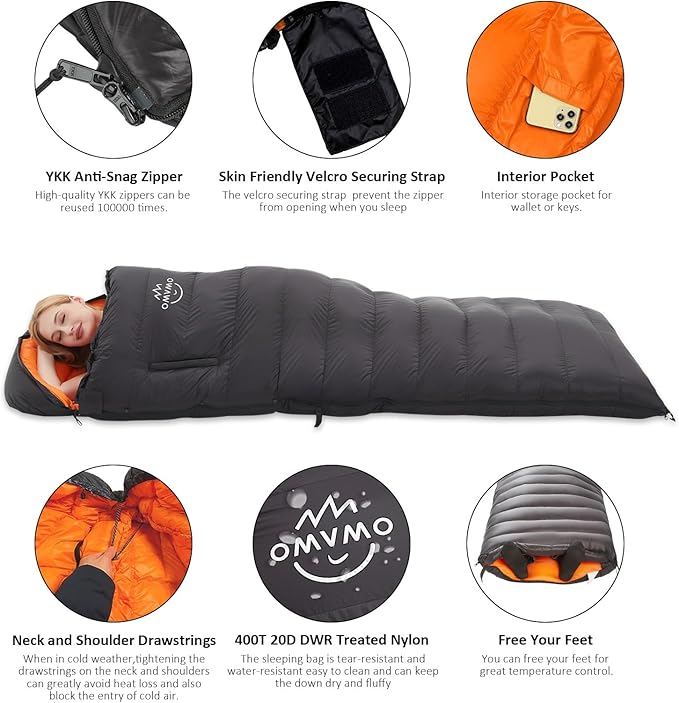 0-20 Degrees F Down Sleeping Bag for Adults - 4 Season Envelope With Arm Holes, Wearable for Backpacking Camping - Ultralight, Compact, Move Freely While Wearing