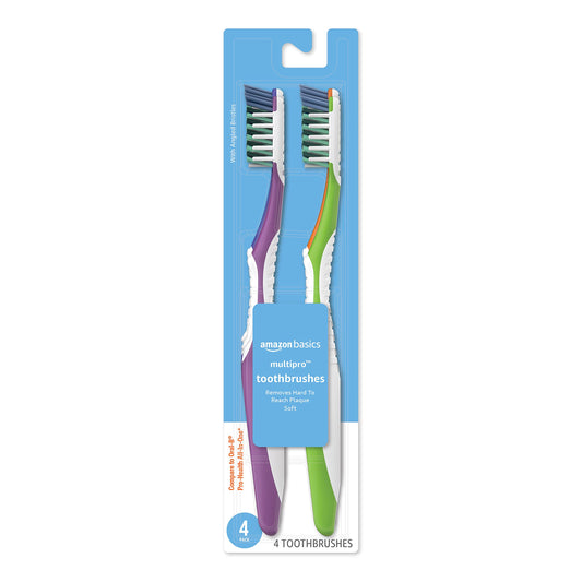Amazon Basics MultiPro Toothbrushes with Angled Bristles, Soft, 4 Count, Pack of 1