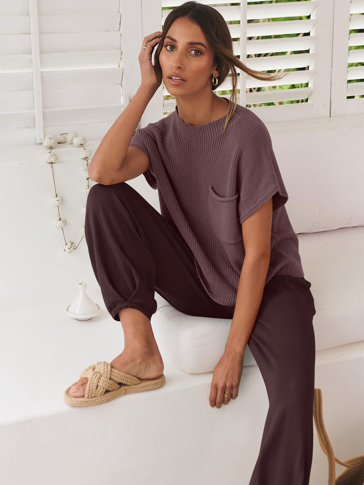 ANRABESS Women's Two Piece Outfits Knit Sweater Pullover Crop Top & Pants Lounge Matching Tracksuit Sweatsuit Sets 2024 Trendy Loungewear Clothes Nutmeg X-Small