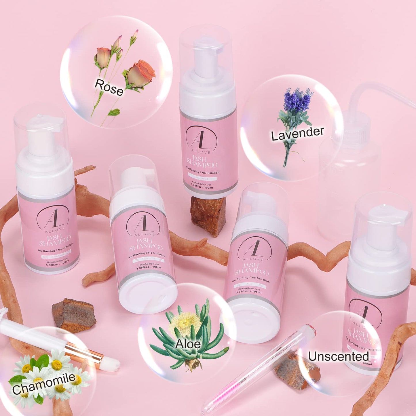 ALLOVE Lash Shampoo for Lash Extensions 100ml Eyelash Extension Cleanser + Rinse Bottle Sensitive and Non-irritation Lash Cleaning Kit for Eyelash Extensions Salon & Home Use - Lavender