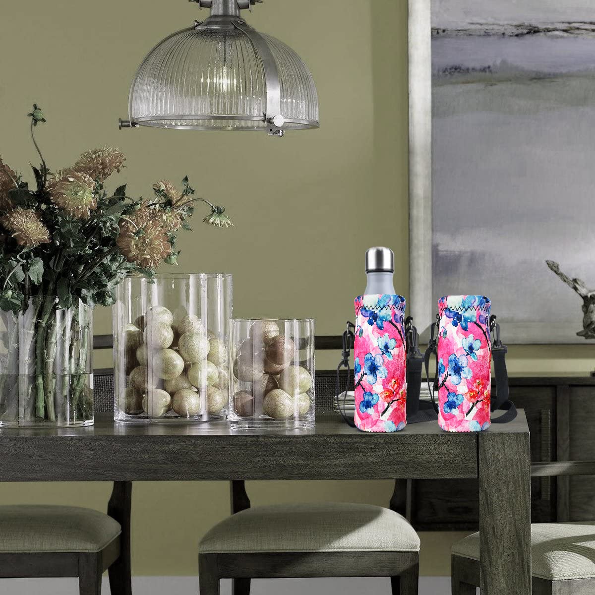 RICHEN Neoprene Water Bottle Carrier Bag with Adjustable Shoulder Strap,Insulated Water Bottle Cover for 500ml/16oz Stainless Steel/Glass/Plastic Bottles (Watercolor Flowers,500ML)
