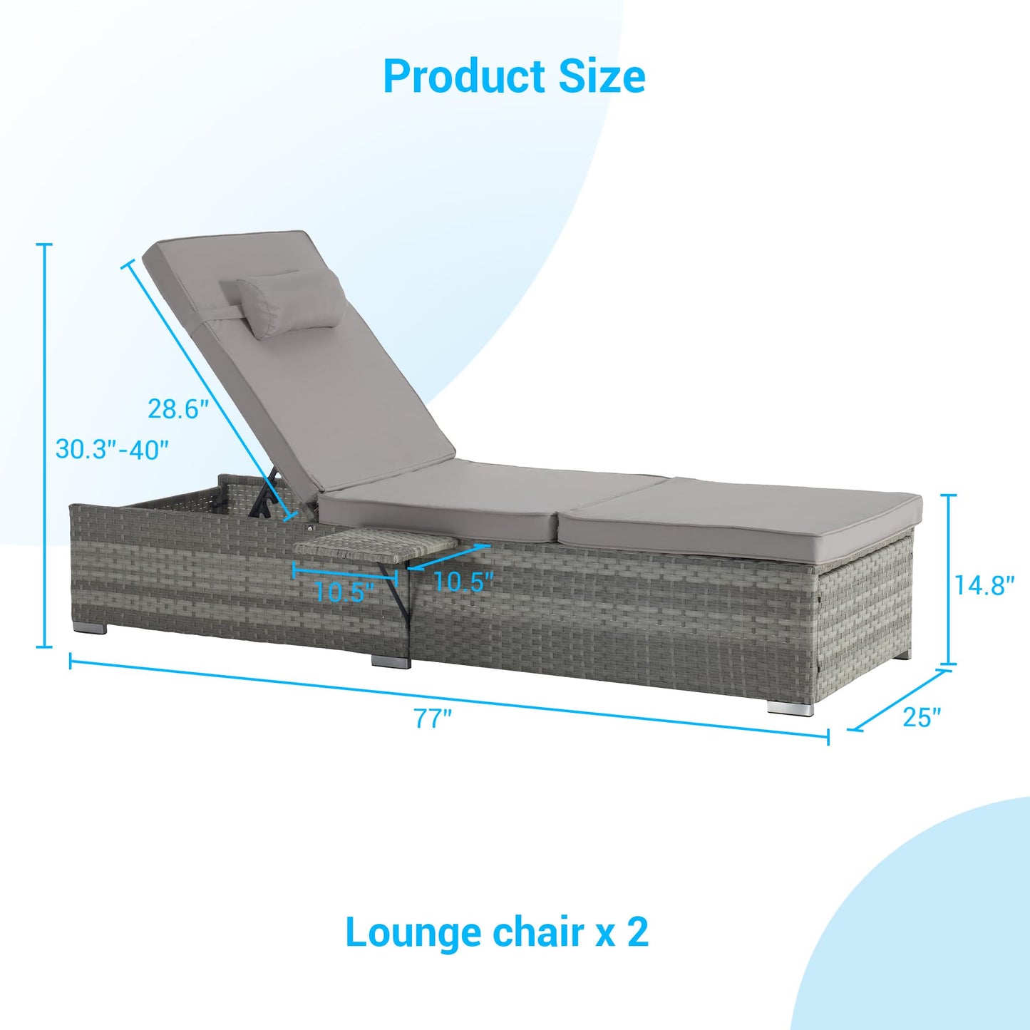 YOPTO Outdoor Chaise Lounge Chair Set of 2,Beach Rattan Recliners with 5-Position Adjustable Backrest and Table,Weatherproof Garden & Outdoor Furniture for Poolside,Light Gray