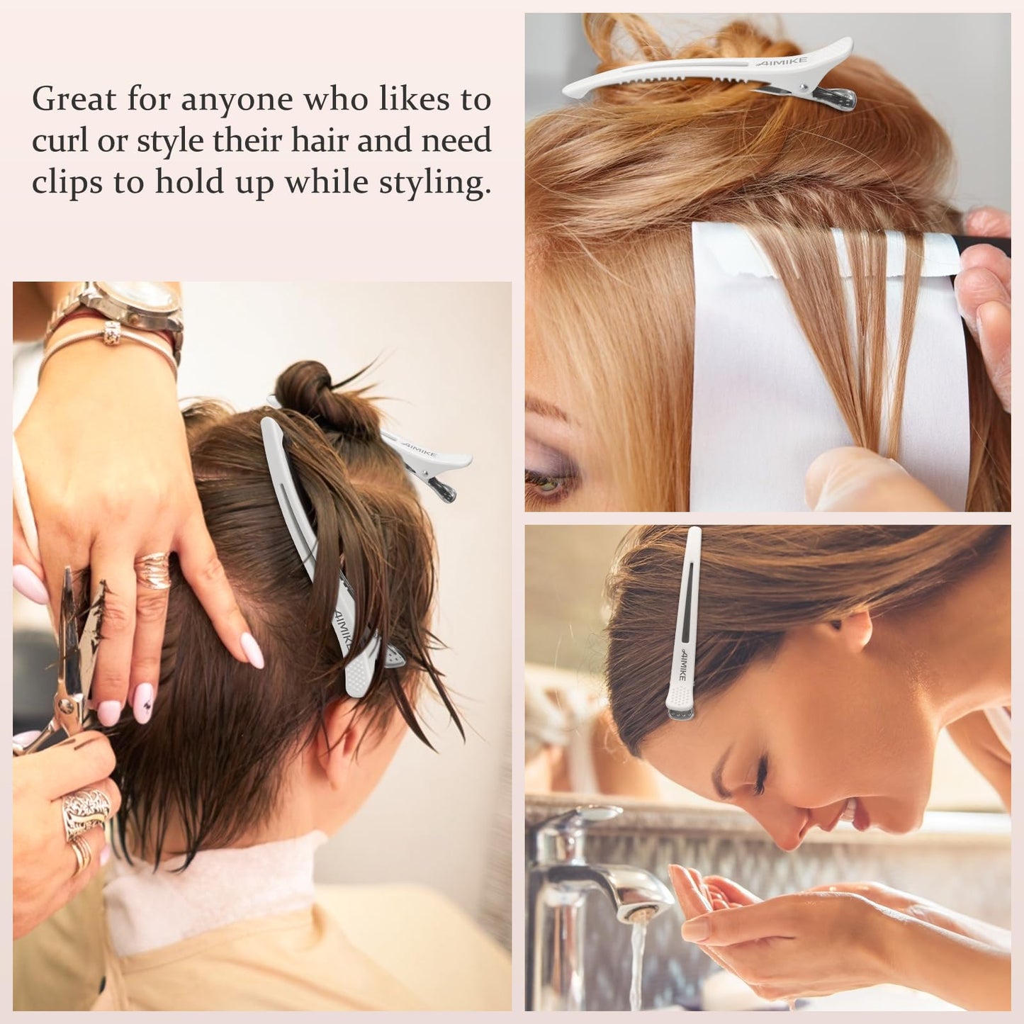 AIMIKE 6pcs Professional Hair Clips for Styling Sectioning, Non Slip No-Trace Duck Billed Hair Clips with Silicone Band, Salon and Home Hair Cutting Clips for Hairdresser, Women, Men - White 4.3” Long
