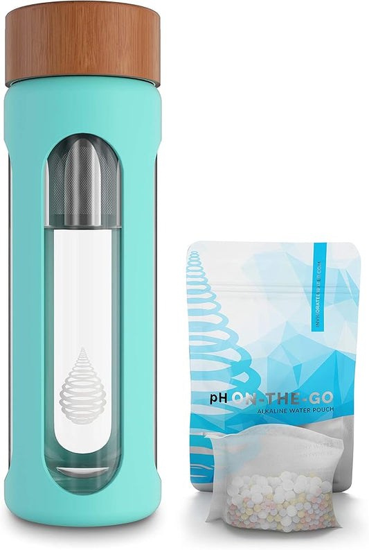 Invigorated Water pH Hydrate Glass Alkaline Water Bottle - Portable Filtered Water Bottle - Water Bottle Filter - Increase pH (400 ml) - Alkaline Water Bottle with Filter - Glass Water Bottle Filter