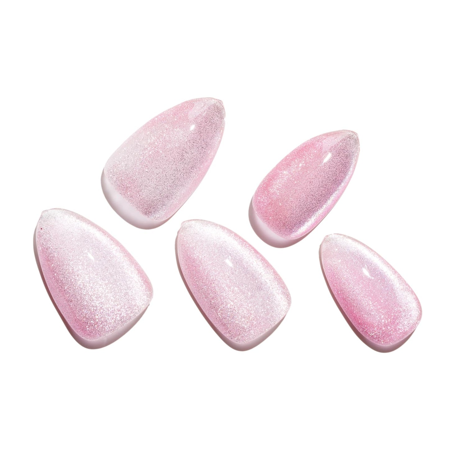 GLAMERMAID Pink Press on Nails Short Almond, Handmade Magnet Cat Eyes Jelly Gel Fake Nail Kits, Ombre Glitter Magnetic Glue on Nail Stiletto, Mermaid Medium Oval Stick on False Nail Set for Women