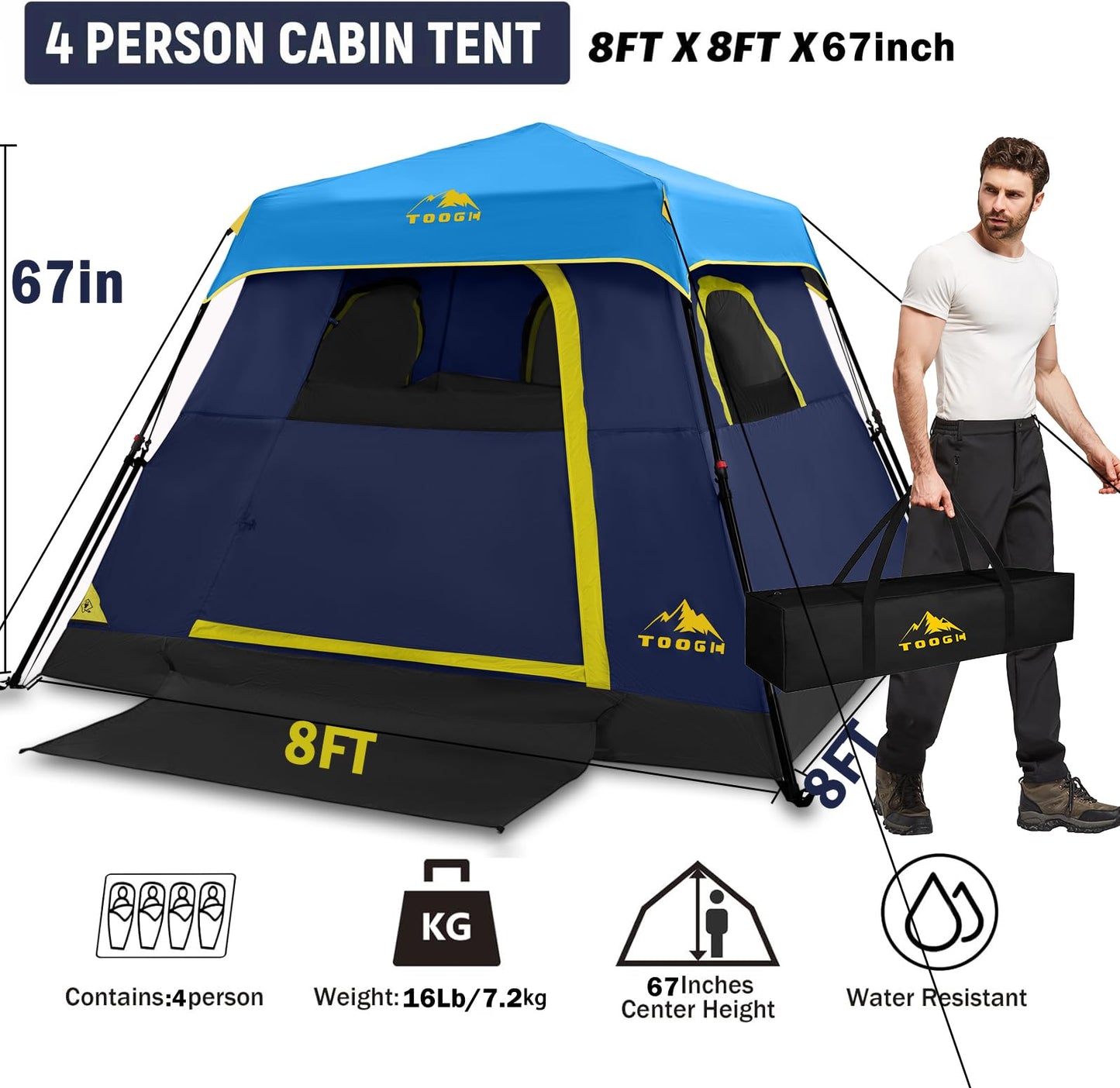 Toogh 3/4 Person Camping Tent with 1 Door, 4 Windows, and Upgraded Ventilation– Instant Setup, Waterproof, 8'x 8'x 67''Oxford Fabric Floor Pop Up in 60 Seconds Includes Rainfly and Backpack