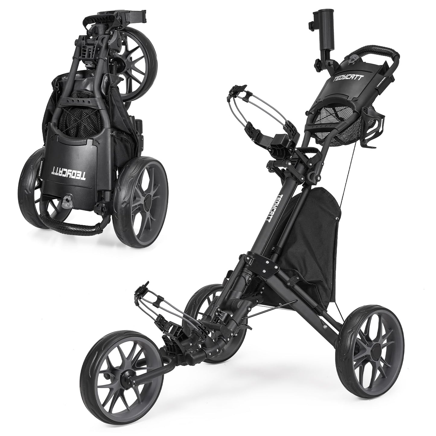 Tedycatt 3 Wheel Golf Push Cart: Lightweight Golf Walking Cart, Compact Folding Golf Trolley, with Phone Holder, Brake, Cup, Umbrella Holder, Cooler, Gray