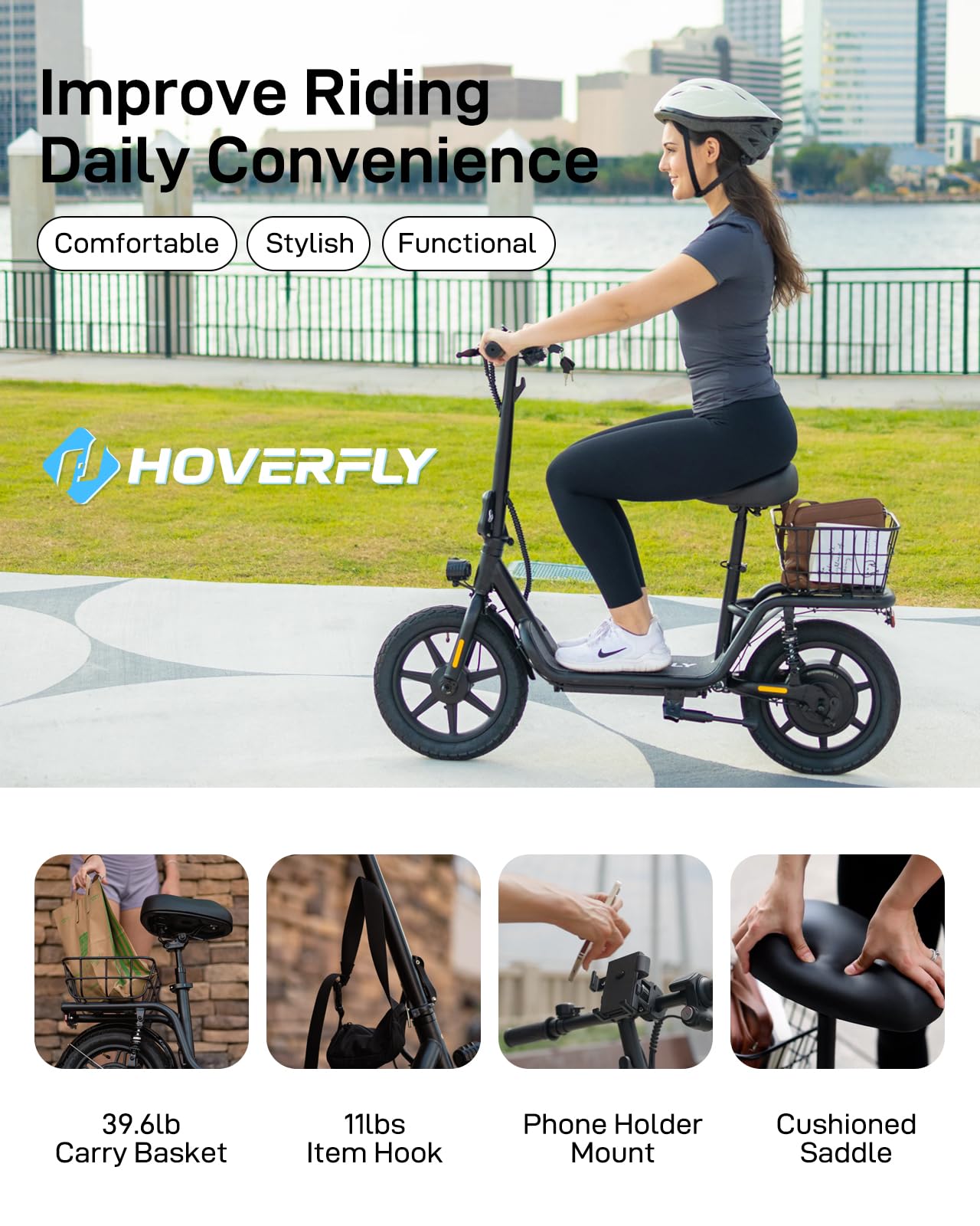 Hoverfly Z5 Electric Scooter with Seat for Adult, 18.6Miles Range&15.5Mph Power by 400W Motor, 14" Pneumatic Tire&Height Adjustable Seat, Foldable Commuter Scooter with Phone Holder, Hook&Carry Basket