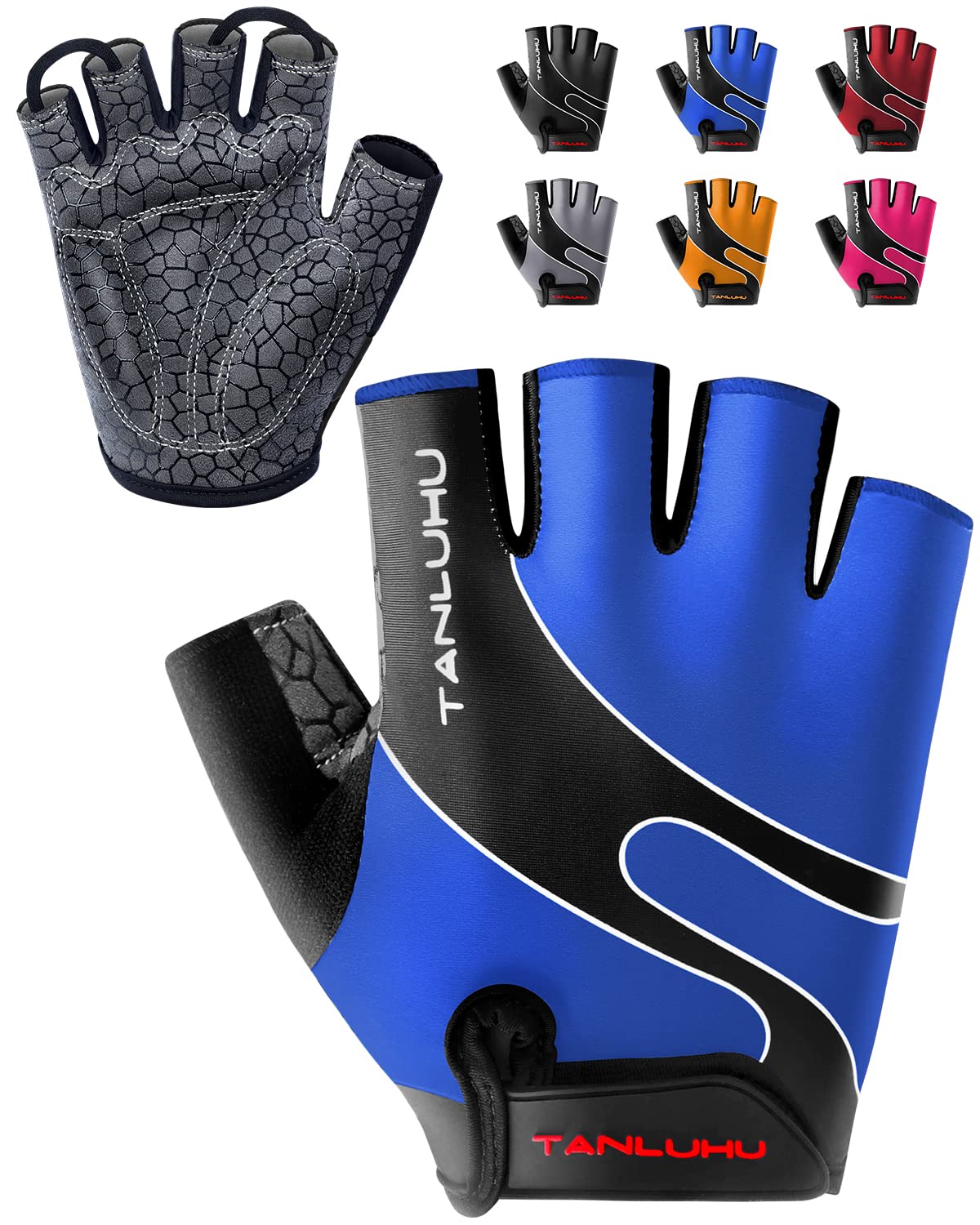 Tanluhu Cycling Gloves Mountain Bike Gloves Half Finger Road Racing Riding Gloves Breathable Shock-Absorbing Biking Gloves for Men and Women (Blue, XL)