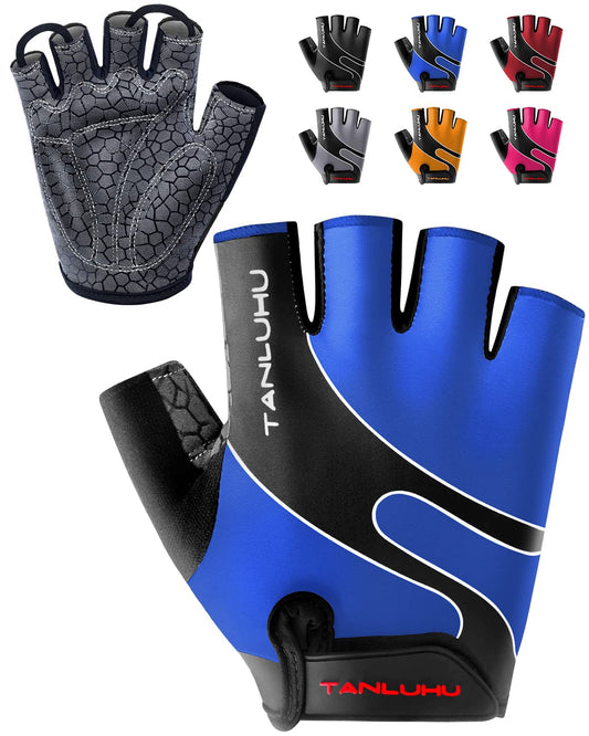 Tanluhu Cycling Gloves Mountain Bike Gloves Half Finger Road Racing Riding Gloves Breathable Shock-Absorbing Biking Gloves for Men and Women (Blue, XL)