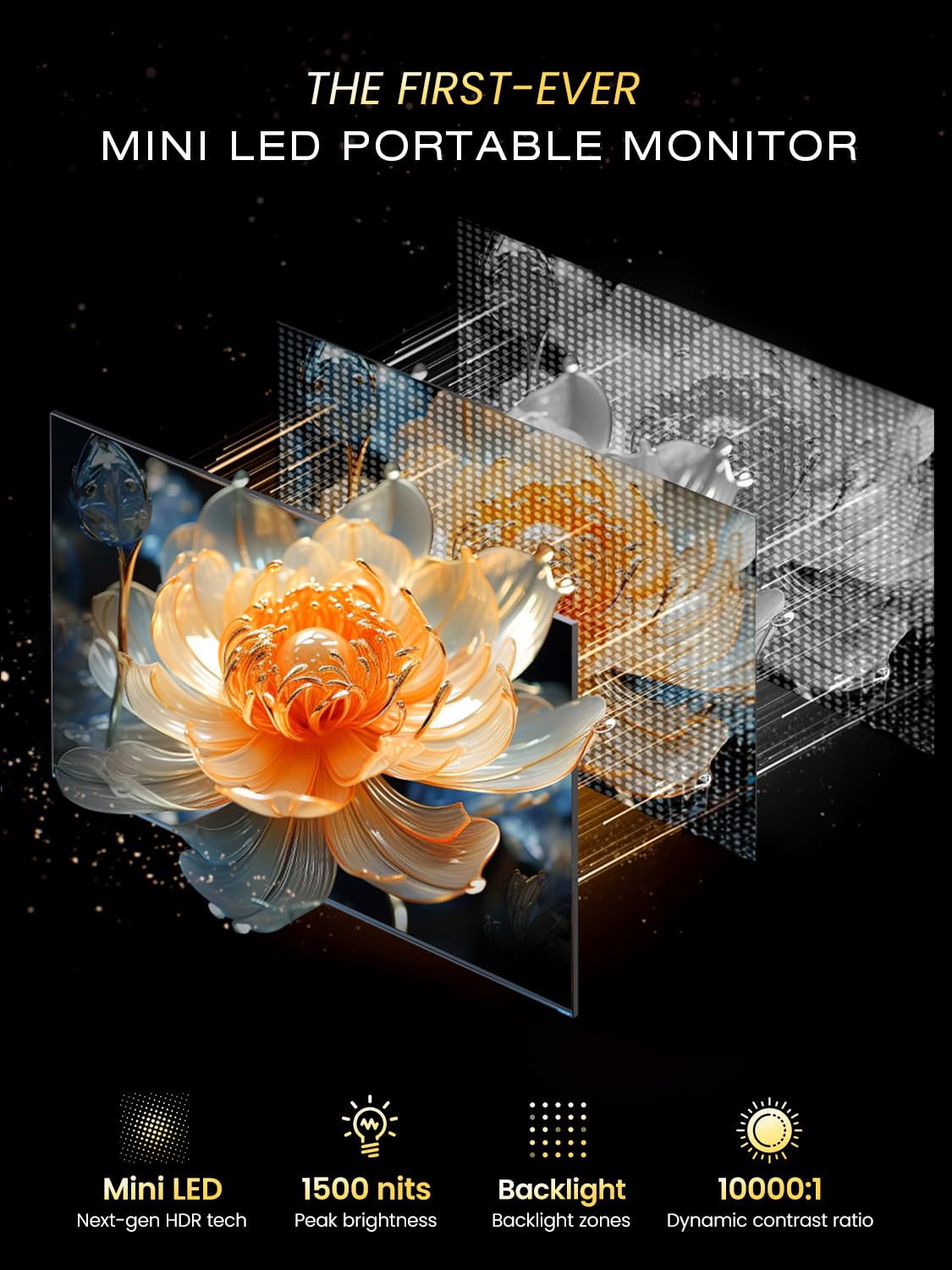 UPERFECT Mini LED Portable Monitor 14" 2.5K | 1500 Nits | 2560x1600 | 10000:1 Contrast | 1ms Freesync Portable Monitor for Laptop w/Stand & VESA, Slim Travel Screen for PC Phone Game Consoles