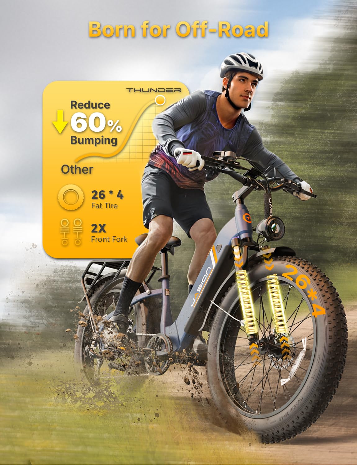 Jasion Thunder Electric Mountain Bike 2PCS, 1500W Peak Motor, 48V 18AH Removable Battery 30+MPH Ebike for Adults APP Control, Hydraulic Brake, Front Suspension, 26'' x 4'' Fat Tire Electric Bicycles B