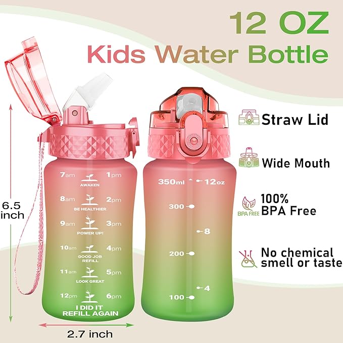 OLDLEY Kids Water Bottle for School, 12 oz, BPA-Free, Reusable, Leak-proof, Durable Tritan Plastic, One-handed Opening, Anti-dust Spout Cover, Sweet Orange